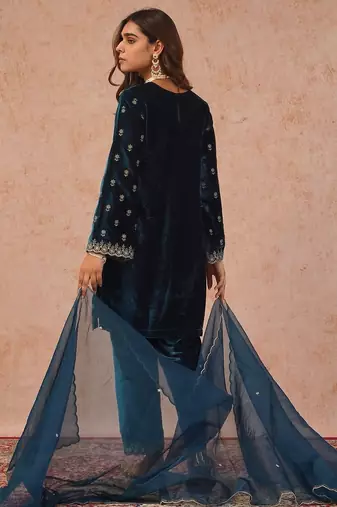 Teal blue velvet  kurta set with intricate embroidery work