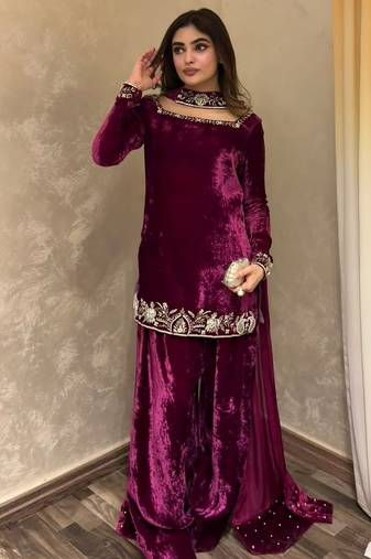 Wine velvet sharara set with thread and sequence work