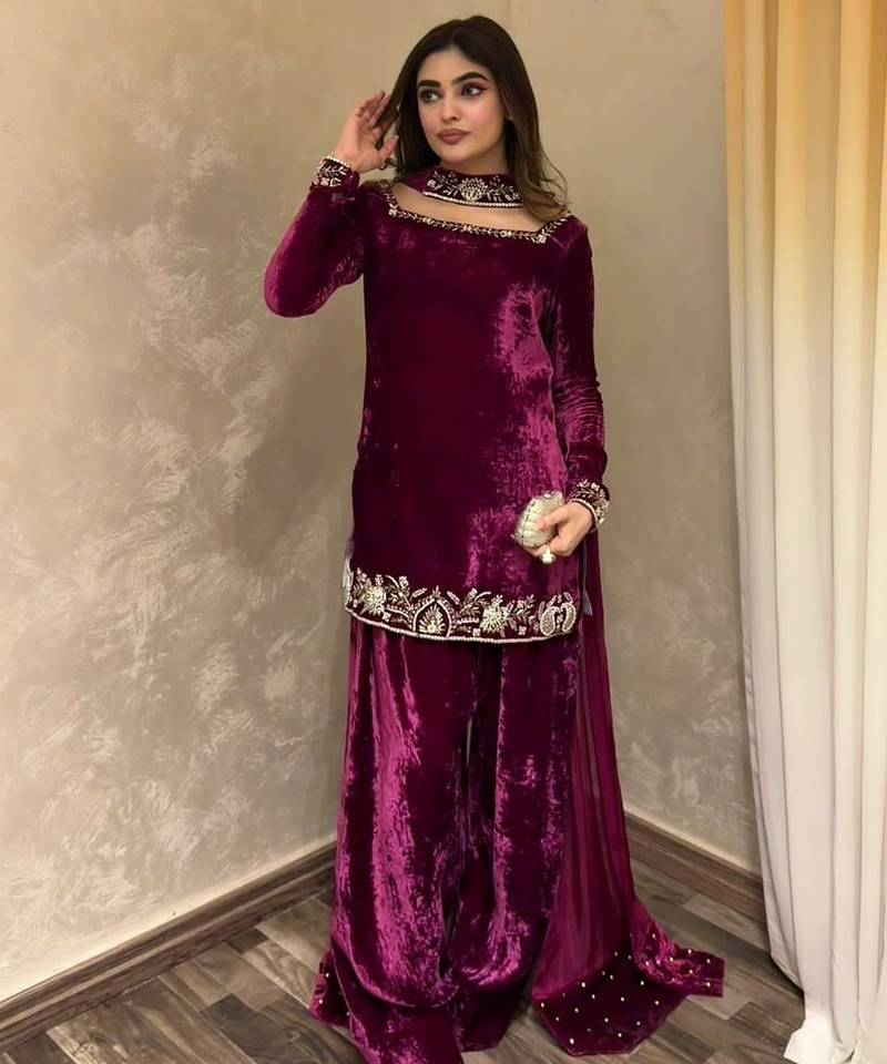 Wine velvet sharara set with thread and sequence work
