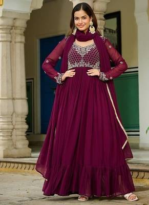 Wine georgette embroidery gown with dupatta 1