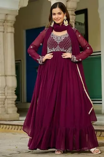 Wine georgette embroidery gown with dupatta