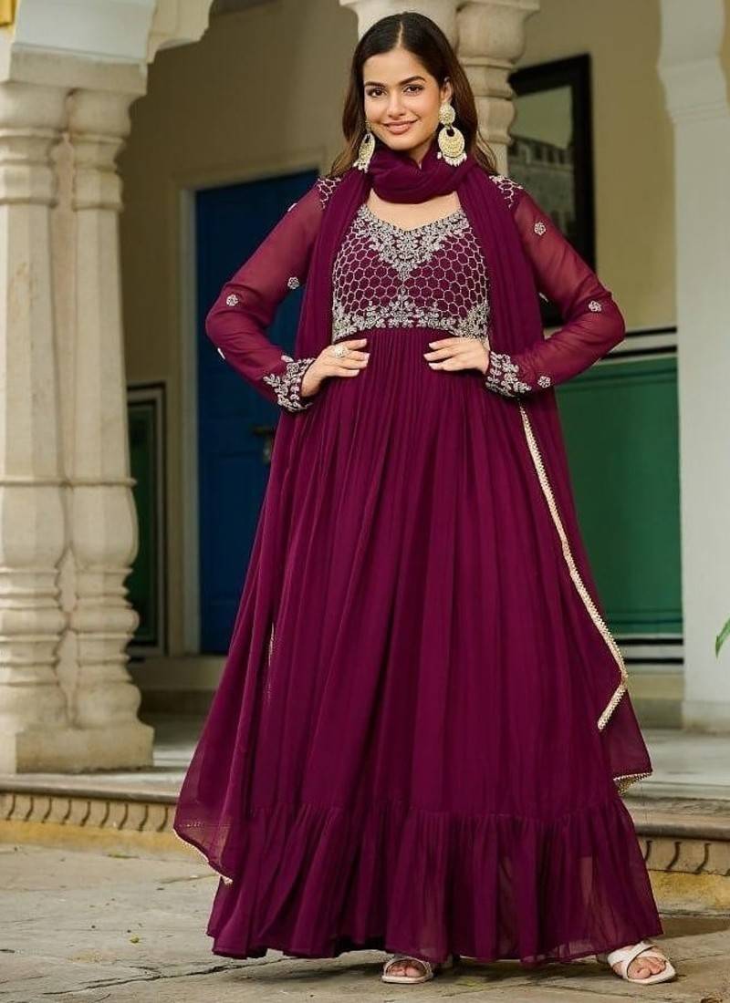 Wine georgette embroidery gown with dupatta