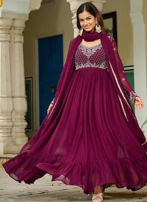Wine georgette embroidery gown with dupatta 4