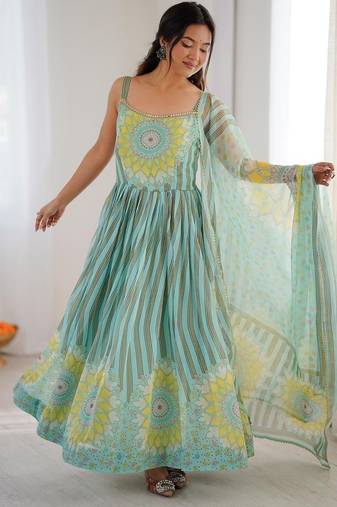 Blue georgette printed anarkali set