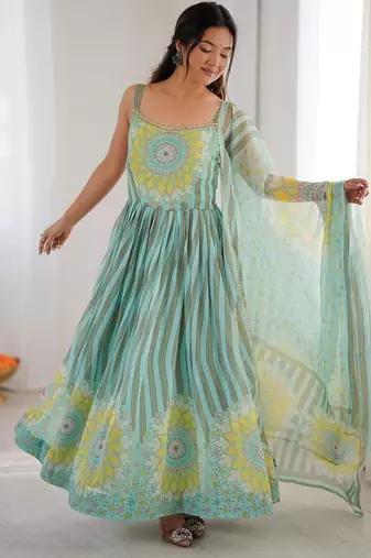 Blue georgette printed anarkali set