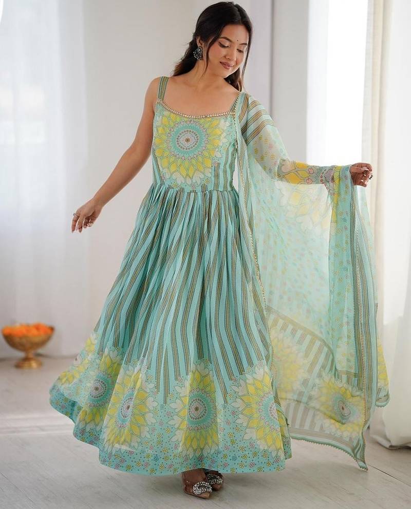 Blue georgette printed anarkali set