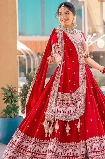 Red georgette lehenga choli with intricate embroidery work
