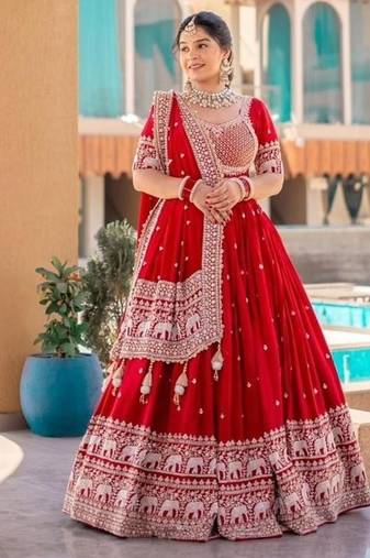 Red georgette lehenga choli with intricate embroidery work
