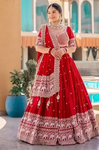 Red georgette lehenga choli with intricate embroidery work