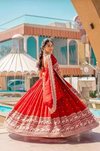 Red georgette lehenga choli with intricate embroidery work
