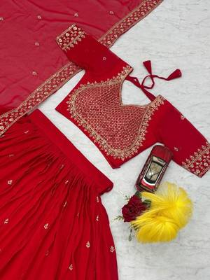 Red georgette lehenga choli with intricate embroidery work 5