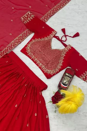 Red georgette lehenga choli with intricate embroidery work