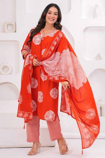 Orange printed tussel cotton kurta with trousers & with dupatta