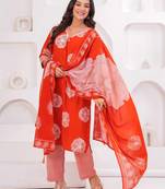 Orange printed tussel cotton kurta with trousers & with dupatta