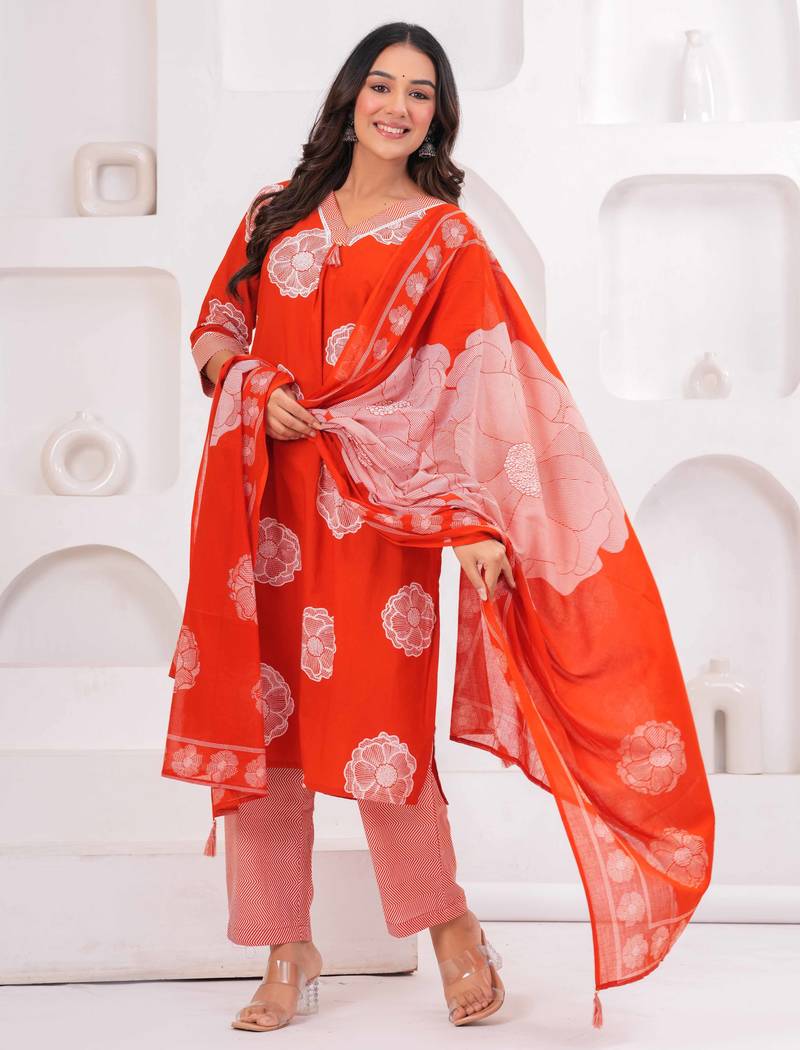 Orange printed tussel cotton kurta with trousers & with dupatta