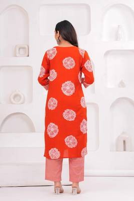 Orange printed tussel cotton kurta with trousers & with dupatta 2