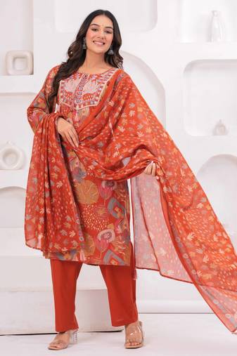 Rust women embroiderd printed cotton kurta with trousers & with dupatta