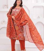 Rust women embroiderd printed cotton kurta with trousers & with dupatta
