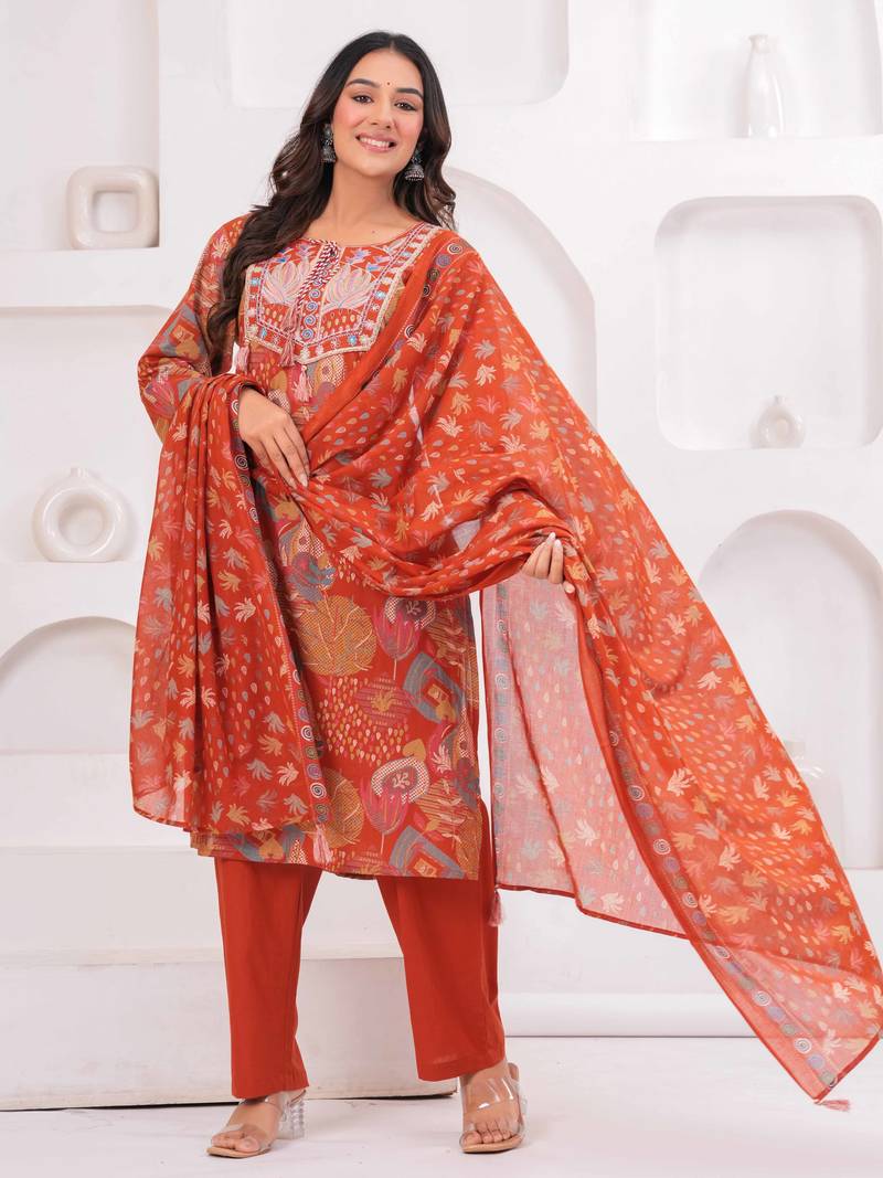 Rust women embroiderd printed cotton kurta with trousers & with dupatta
