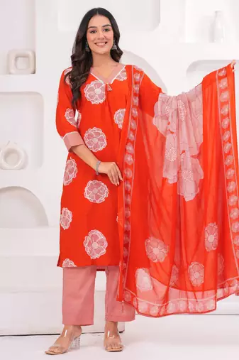 Orange printed tussel cotton kurta with trousers & with dupatta