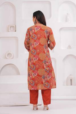 Rust women embroiderd printed cotton kurta with trousers & with dupatta 2
