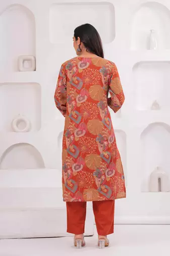 Rust women embroiderd printed cotton kurta with trousers & with dupatta