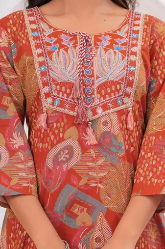 Rust women embroiderd printed cotton kurta with trousers & with dupatta