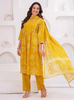 Mustard printed tussel cotton kurta with trousers & with dupatta 1