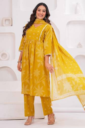 Mustard printed tussel cotton kurta with trousers & with dupatta