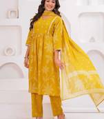 Mustard printed tussel cotton kurta with trousers & with dupatta