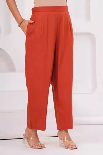 Rust women embroiderd printed cotton kurta with trousers & with dupatta