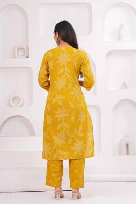 Mustard printed tussel cotton kurta with trousers & with dupatta 2