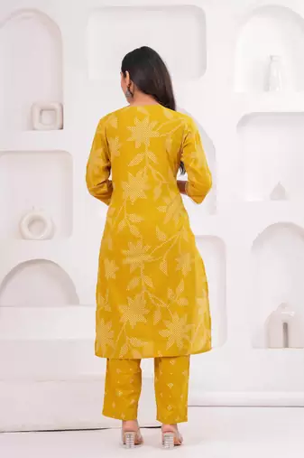 Mustard printed tussel cotton kurta with trousers & with dupatta