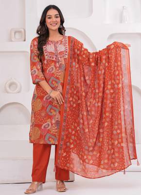 Rust women embroiderd printed cotton kurta with trousers & with dupatta 5