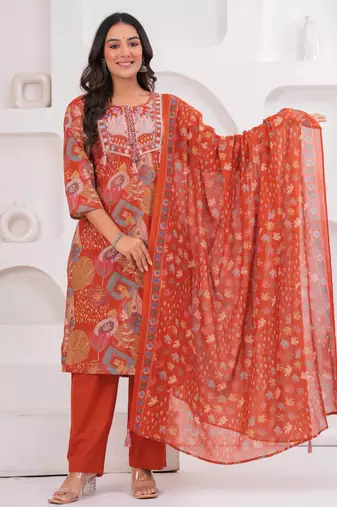 Rust women embroiderd printed cotton kurta with trousers & with dupatta