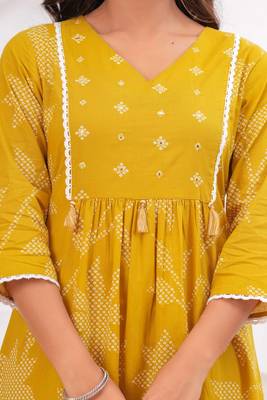 Mustard printed tussel cotton kurta with trousers & with dupatta 3