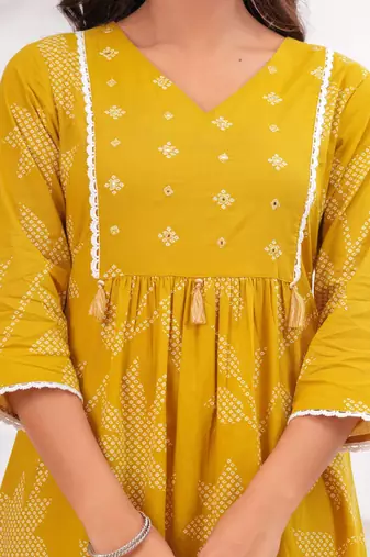 Mustard printed tussel cotton kurta with trousers & with dupatta