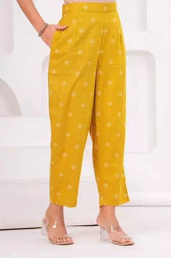 Mustard printed tussel cotton kurta with trousers & with dupatta