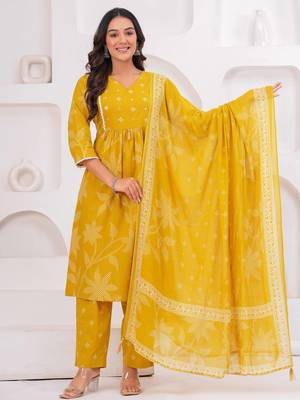 Mustard printed tussel cotton kurta with trousers & with dupatta 5