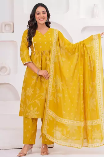 Mustard printed tussel cotton kurta with trousers & with dupatta