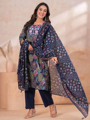 Blue women embroiderd printed cotton kurta with trousers & with dupatta 1