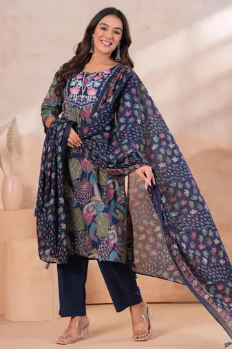 Blue women embroiderd printed cotton kurta with trousers & with dupatta