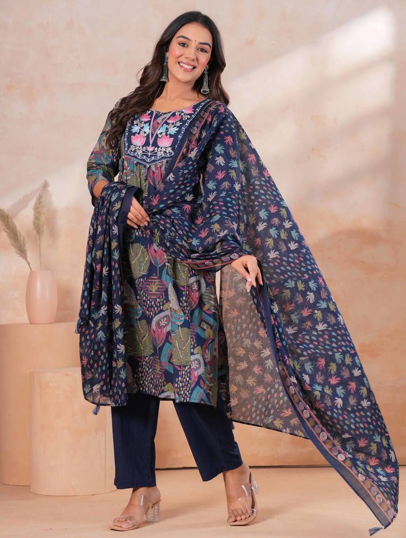 Blue women embroiderd printed cotton kurta with trousers & with dupatta