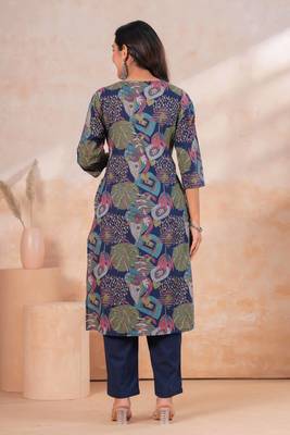 Blue women embroiderd printed cotton kurta with trousers & with dupatta 2