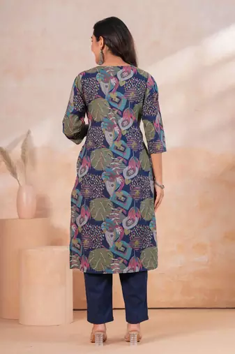 Blue women embroiderd printed cotton kurta with trousers & with dupatta