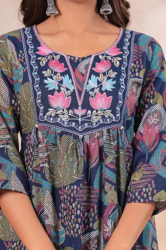 Blue women embroiderd printed cotton kurta with trousers & with dupatta