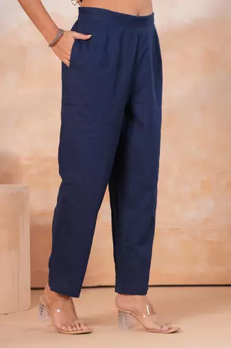 Blue women embroiderd printed cotton kurta with trousers & with dupatta