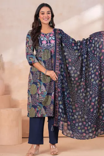 Blue women embroiderd printed cotton kurta with trousers & with dupatta