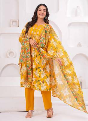 Yellow women embroiderd printed cotton kurta with trousers & with dupatta 1