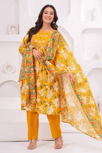 Yellow women embroiderd printed pure cotton kurta with trousers & with dupatta